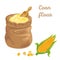 Corn flour in bag, wooden measuring scoop isolated on a white background. Vector maize and yellow grains.