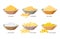 Corn food, products made from maize, corn grits, cornflakes, flour, starch, corn sticks, kernels in bowls - set of