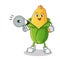 Corn happy hold handy loudspeaker mascot vector cartoon illustration