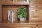 Corn plant and random cookbooks on the shelf of a sideboard.