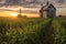 corn silo on a farm with surrounding fields