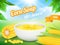 Corn soup. Advertizing poster snack food product sweetcorn vector template