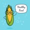 Corn with speech bubble. Balloon sticker. Cool vegetable. Vector illustration. Corn clever nerd character. Healthy food concept.