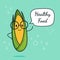 Corn with speech bubble. Balloon sticker. Cool vegetable. Vector illustration. Corn clever nerd character. Healthy food concept.