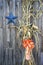 Corn Stalks and fall decorations on the side of a country barn.