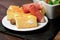 Cornbread and prosciutto on plate, delicious and healty breakfast