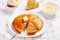 Cornbread on a white plate, top view