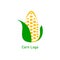 Corncob logo design. Yellow corn seed and green leaf isolated on white background. Vector organic grain illustration