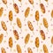 Corndogs seamless vector pattern. Popular Asian street food . Hand-drawn in cartoon style fried hot corn dogs with