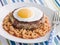 Corned Beef Hash Cake with Alphabet Pasta