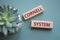 Cornell system symbol. Concept word Cornell system on wooden blocks. Beautiful grey green background with succulent plant.