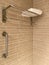 Corner of a bath tub section with stainless steel towel rack and safety holder