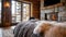 A corner of the cabin bedroom featuring a builtin fireplace with a stone surround and a soft faux fur rug. 2d flat