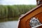 Corner of cabin top on vintage wooden sailing boat