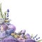 Corner frame of bathroom items, soap, bombs, towels, candles, flowers. Watercolor illustration from a large set of