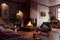 Corner living room design with wooden interior design and fireplace decor. Generative A