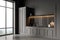 Corner of panoramic dark grey kitchen with accent marble backsplash