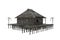 Corner perspective view of old wooden swamp house built on stilts over water. 3d illustration isolated on white with clipping path