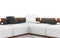 Corner sofa with wooden headrests, white seats and black pillows