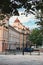 Corner of the street with stylish tenement house at Prague.