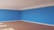 Corner of the Sunlit Room with Blue Walls, a White Ceiling and Cornice