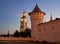 Corner tower of the Seating courtyard and belfry of the Tobolsk Kremlin at sunset. Tobolsk. Russia