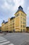 Corner tower of Sofia skola building, the last monumental school building in Stockholm at spring cloudy day