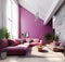 Corner vibrant fabric sofa near purple wall. Interior design of modern living room. Created with generative AI