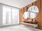 Corner view of creative wood bathroom vanity area in empty white space