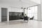 Corner view of industrial white and black kitchen with dining table