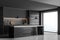 Corner view of panoramic grey kitchen interior with breakfast bar table