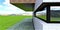 The corner window on the white brick wall of the contemporary house constructed on the beautiful meadow. 3d rendering