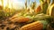 Cornfield with mature corn cobs lying on the ground