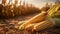 Cornfield with mature corn cobs lying on the ground