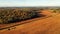 Cornfield in sunlight at Fall season. Autumn colors. Harvest, harvesting time. Rural landscape. Countryside scenery. Aerial, view