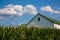 Cornfields with farms in background.