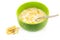 Cornflake cereals in a bowl with spoon on white background, quick breakfast