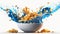 cornflakes in blue bowl. Breakfast cereal with splashing milk isolated on white background. Generative ai