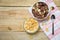 Cornflakes breakfast and various cereals bowl milk cup on wooden table background for cereal healthy food