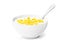 Cornflakes in ceramic bowl with spoon. Corn cereals