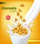 Cornflakes cereals with milk splash Vector realistic mock up. Product placement label design. 3d detailed illustrations