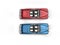 Cornflower blue and cherry red vintage cars with white wall tires - top view