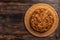 Cornish apple pie top view on rustic style wooden board. Copy space for your text