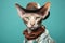 Cornish Rex Cat Dressed As A Cowboy On Mint Color Background