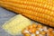 Cornmeal, corn seeds and corn cob