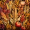 Corns, cobs, leaves, pumpkins, as abstract background, wallpaper, banner, texture design with pattern - vector. Dark colors