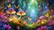 Cornucopia of colorful mushrooms in a surreal enchanted forest with illuminated butterflies.