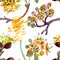 Cornus mas floral botanical flowers. Watercolor background illustration set. Seamless background pattern.