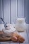 Corolla eggs flour bowl scoop pitcher milk on