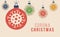 Corona Christmas concept. Flat cartoon xmas balls with Coronavirus icon concept merry and safe design card Contagious diseases of